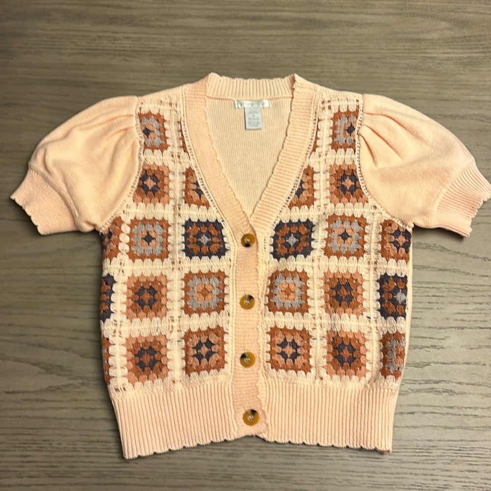 Design History Crochet Geometric Short-Sleeve Cardigan Granny-square size M